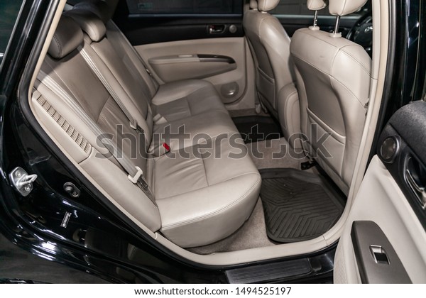 Novosibirsk, Russia – August 19, 2019: Toyota Prius,\
Leather beige interior design, car passenger and driver seats with\
seats belt. \
 
