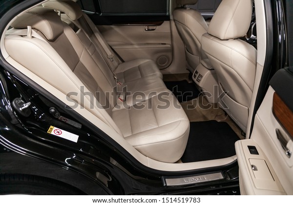 Novosibirsk, Russia – August 24, 2019:  Lexus ES300,\
Leather beige interior design, car passenger and driver seats with\
seats belt. \
\
