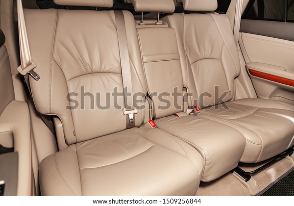 Novosibirsk, Russia – August 27, 2019:  Lexus RX\
300,Leather beige  interior design, car passenger and driver seats\
with seats belt.\
\
\
