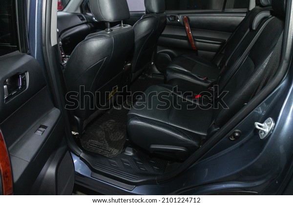 Novosibirsk, Russia - December 01, 2021: Toyota\
Highlander, Rear seat for passengers in black  leather. Comfort car\
inside.\
