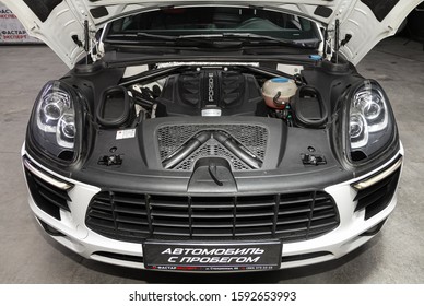 Novosibirsk, Russia – December 06, 2019:  Porsche Macan,  Closeup of a clean motor block, . Internal combustion engine