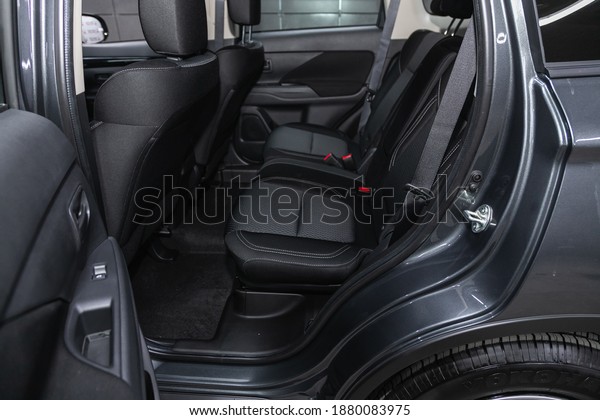Novosibirsk, Russia – December 12, 2020: \
Mitsubishi  Outlander, Rear seat for passengers in black textile.\
Comfort car\
inside.\
