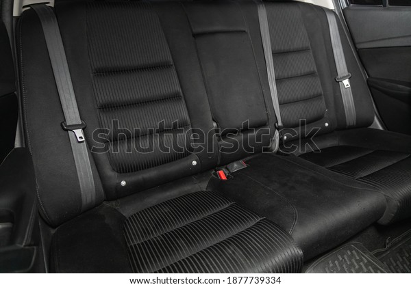 Novosibirsk, Russia –\
December 17, 2020:   Mazda 6, Rear seat for passengers in black\
textile. Comfort car\
inside.