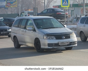 Novosibirsk, Russia - February 01 2020: Private Fwd Silver Gray Metallic Color Japanese Family Station Wagon Classic Car Nissan Liberty, Old 90s 2000s Minivan Made In Japan On The Winter Urban Street