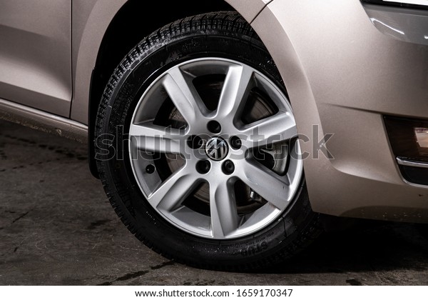 Novosibirsk, Russia – February 09, 2020:  Skoda\
Rapid, Car wheel with alloy wheel and new rubber on a car closeup.\
Wheel tuning\
disc\
