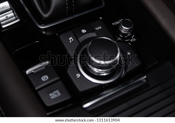 Novosibirsk, Russia -\
February 10, 2019:  Mazda 6, close-up of the dashboard, navigator,\
music and other buttons. Photography of a modern car on a parking\
in Novosibirsk\
\
