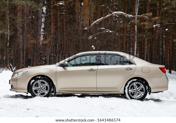 Novosibirsk, Russia – February 10,\
2020:   gold Toyota Camry, side view.  Photography of a modern\
popular sedan  made in Japan standing on a snowy street in\
winter