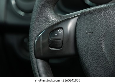 Novosibirsk, Russia - February 10,  2022:   Renault Sandero, Close up of car steering wheel with function buttons