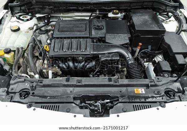 Novosibirsk, Russia - February 10, 2022: 
Mazda 3, Close up of a clean motor block. Internal combustion
engine, car parts,
deteyling
