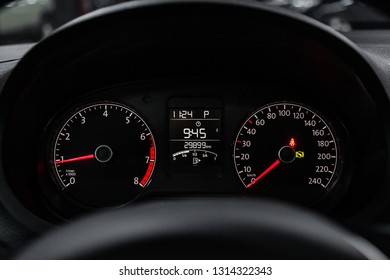 Novosibirsk, Russia - February 15, 2019:  Volkswagen Polo,close-up of the dashboard, speedometer and tachometer. Photography of a modern car on a parking in Novosibirsk