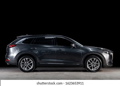 Novosibirsk, Russia - January  14, 2020 :  gray Mazda CX-9, side view. Photography of a modern car on a parking in Novosibirsk
