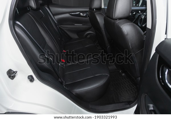 Novosibirsk,\
Russia – January 14 2021: Nissan Qashqai, Rear seat for passengers\
in black leather . Comfort car\
inside.\
\
