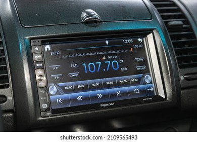 Novosibirsk, Russia - January    16 , 2022: Nissan Note,  Car Audio System Concept. Music Player In Car. 