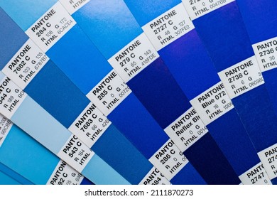 Novosibirsk, Russia - January 20, 2022 - Pantone Color Palette In Blue Tones Used To Select The Right Shade In A Design. Colored Fan