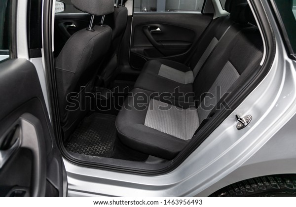 Novosibirsk, Russia – July 08, 2019:\
Volkswagen Polo, close-up of the black  rear seats with seats belt.\
modern car\
interior\
