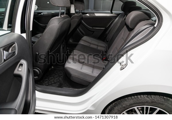 Novosibirsk, Russia – July 12, 2019: \
Volkswagen Jetta, close-up of the black  rear seats with seats\
belt. modern car\
interior\
\
