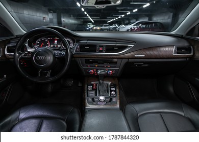 Novosibirsk/ Russia – July 27 2020: Audi A7, Luxury Car Interior - Steering Wheel, Shift Lever, Multimedia  Systeme, Driver Seats And Dashboard
