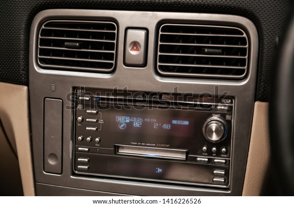 Novosibirsk, Russia - June 04, 2019:  Subaru
Forester, close-up of the dashboard, adjustment of the blower, air
conditioner, player and radio. Photography of a modern interior
car.
