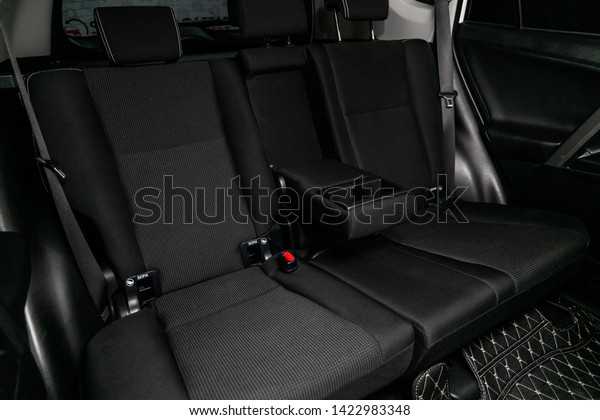 Novosibirsk, Russia – June 11, 2019:  Toyota\
RAV-4, close-up of the black  rear seats with seats belt. modern\
car interior\
\
