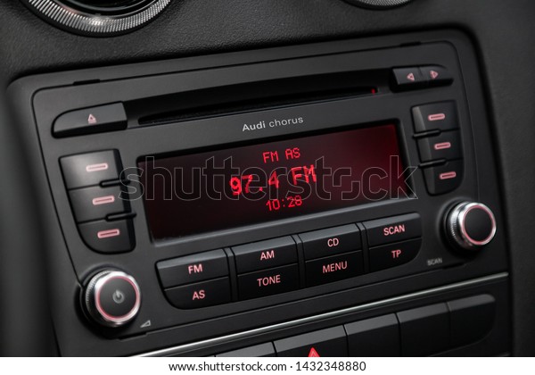 Novosibirsk, Russia – June 18, 2019:  Audi A3, Car\
control panel of audio player and other devices\
.A shallow depth\
of field close up of the control panel of a car. Parts shown are\
the CD player 