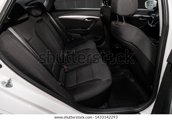 Novosibirsk,\
Russia – June 18, 2019: Hyundai i40,close-up of the black  rear\
seats with seats belt. modern car\
interior\
