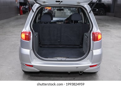 Novosibirsk, Russia - June 19, 2021: Mazda Demio, Big Trunk Open In A  Car.
