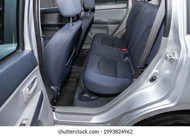 Novosibirsk, Russia - June 19, 2021: Mazda Demio, Clean Car Interior. Black Back Seats 