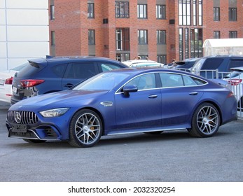 Novosibirsk, Russia, June 21 2019: Private Purple Matt Color Germany Sedan Liftback New Mercedes-AMG GT 63 S 4-door 4 Door Coupe Style Luxury Super Sport Car Made In Germany Parking City Urban Street