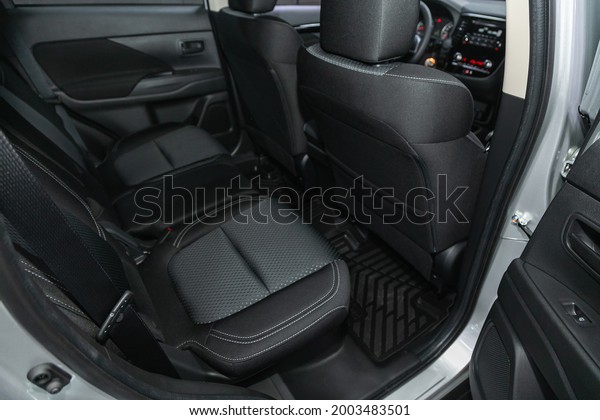 Novosibirsk, Russia - June 29, 2021: Mitsubishi\
Outlander, Rear seat for passengers in black textile and leather.\
Comfort car\
inside.