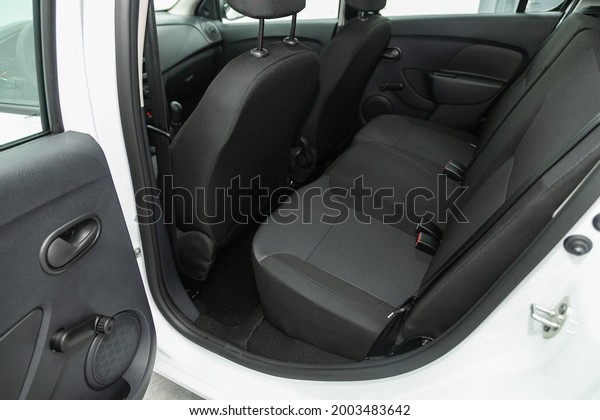 Novosibirsk, Russia\
- June 29, 2021: Renault Sandero, Rear seat for passengers in black\
textile. Comfort car\
inside.