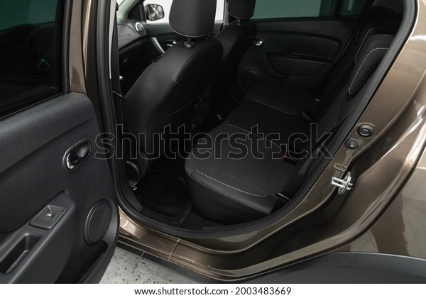 Novosibirsk, Russia - June 29, 2021: Renault
Logan Stepway, Rear seat for passengers in black textile. Comfort
car inside.