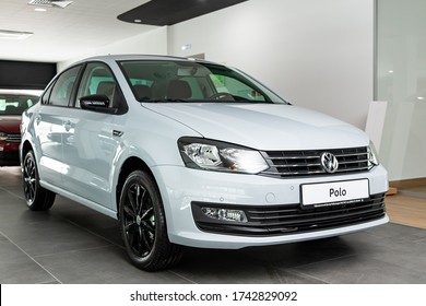Novosibirsk/ Russia – March  03, 2020 white Volkswagen Polo  front view.  Modern  sedan made in Russia on a parking in Novosibirsk