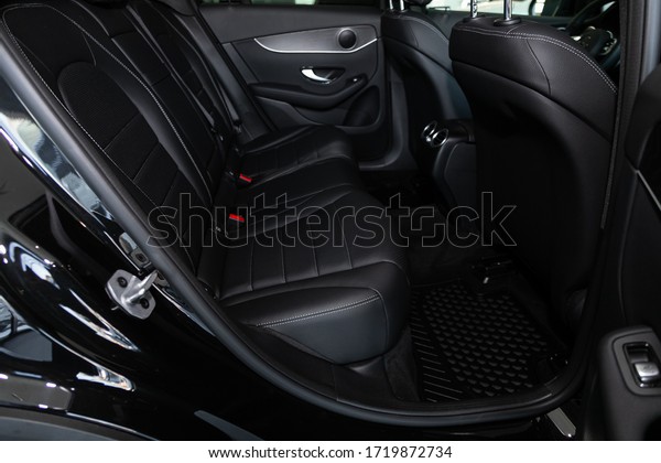 Novosibirsk/ Russia – March 03 2020: \
Mercedes-Benz GLC-class, Rear seat for passengers in black leather.\
Comfort car\
inside.\
