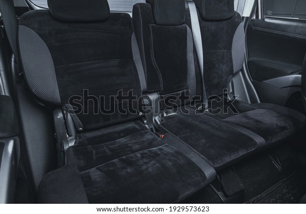Novosibirsk, Russia – March 03 2021: Mitsubishi\
Outlander, Rear seat for passengers in black textile. Comfort car\
inside.\
