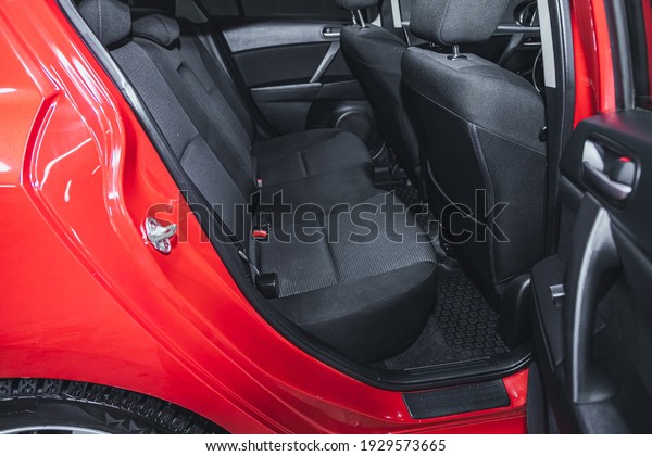 Novosibirsk, Russia –\
March 03 2021: Mazda 3, Rear seat for passengers in black textile.\
Comfort car\
inside.\

