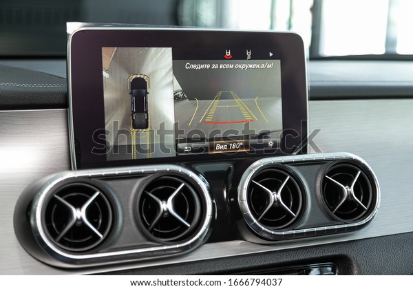 Novosibirsk, Russia – March 06, 2020: \
Mercedes-Benz X-Class, reverse camera with monitor, Close up car\
ventilation system and air conditioning - details and controls of\
modern\
car.\
\
\
\
