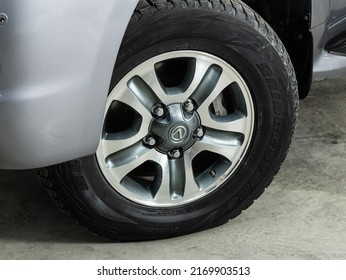 Novosibirsk, Russia - March 08, 2022:  Lexus LX570, Front Wheel Of A Gray Car, Rear View