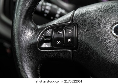 Novosibirsk, Russia - March 08, 2022:  Kia Sportage , Close up of car steering wheel with function buttons