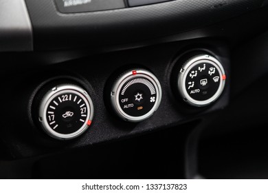 Novosibirsk, Russia - March 09, 2019:  Mitsubishi Outlander,close-up of the dashboard, adjustment of the blower, air conditioner. Photography of a modern car on a parking in Novosibirsk