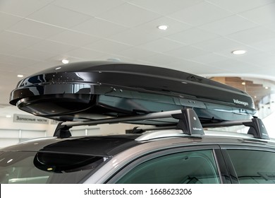 Novosibirsk, Russia – March 09, 2020:  Volkswagen Toureg, black roof rack with crossover car logo