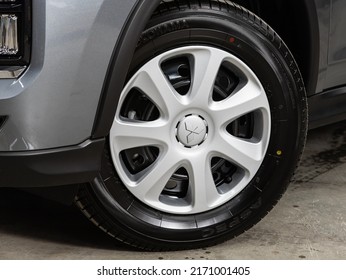 Novosibirsk, Russia - March 11, 2022:  Mitsubishi ASX, Front Wheel Of A Gray Car, Rear View