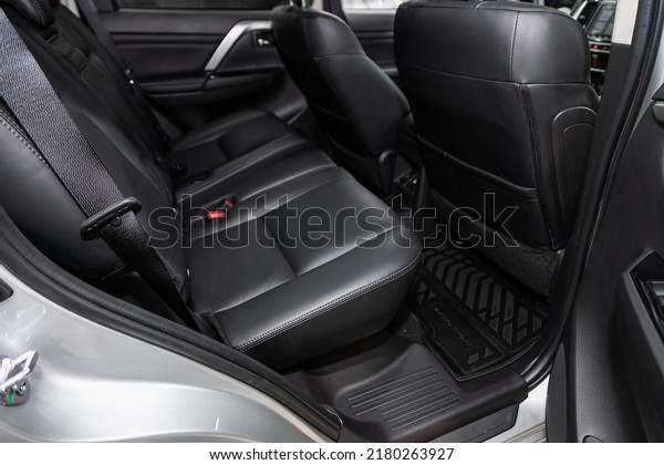 Novosibirsk, Russia - March 11, 2022:   \
Mitsubishi Pajero Sport, Rear seat for passengers in black \
leather. Comfort car\
inside.\

