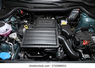 Novosibirsk/ Russia – March 15 2020: Blue Volkswagen Polo, Car Engine Close-up. Internal Combustion Engine, Car Parts, Deteyling
