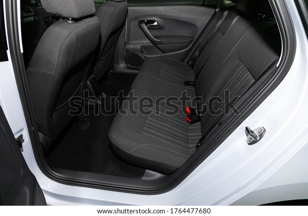 Novosibirsk/\
Russia – March 15  2020: Volkswagen Polo, Rear seat for passengers\
in black textile. Comfort car\
inside.\
