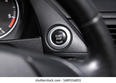 Novosibirsk, Russia – March 22, 2020  BMW X1, :  Black Engine Start Stop Button, Car Interior Details. Soft Focus


