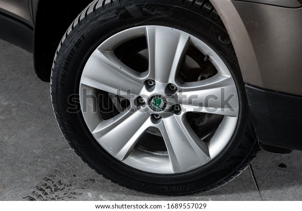 Novosibirsk, Russia – March 22, 2020  Scoda\
Yeti, Car wheel with alloy wheel and new rubber on a car closeup.\
Wheel tuning\
disc\
\
