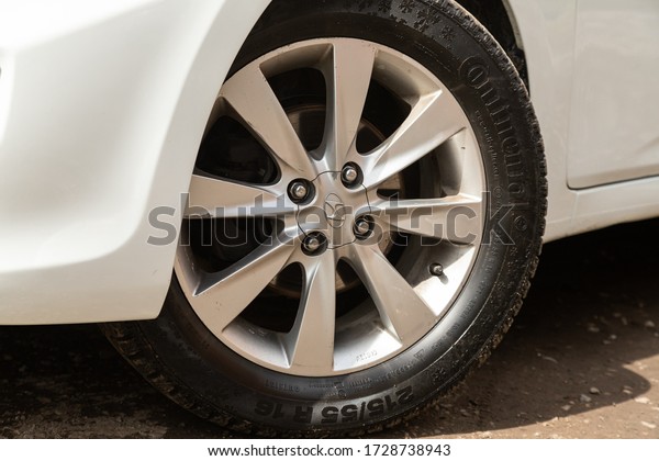 Novosibirsk/ Russia – May 02 2020: Hyundai\
Solaris, Car wheel with alloy wheel and new rubber on a car\
closeup. Wheel tuning\
disc\
