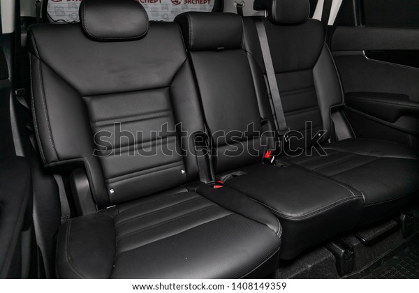 Novosibirsk, Russia - May 23, 2019: Kia\
Sorento, close-up of the black leather rear seats. Photography of a\
modern car on a parking in\
Novosibirsk\
