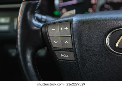 Novosibirsk, Russia -May 29, 2022: Lexus LX570,  black steering wheel with multifunction buttons for quick control phone, music and other function