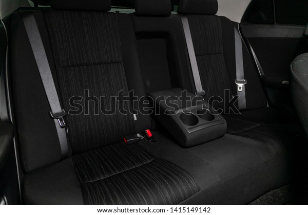 Novosibirsk, Russia - May 31, 2019:  Toyota Corolla,\
close-up of the  black rear seats. Photography of a modern interior\
car. \
